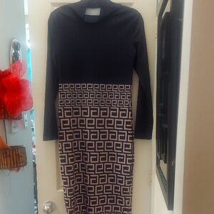 Elegant Black and Tan Mock Neck Sheath Dress